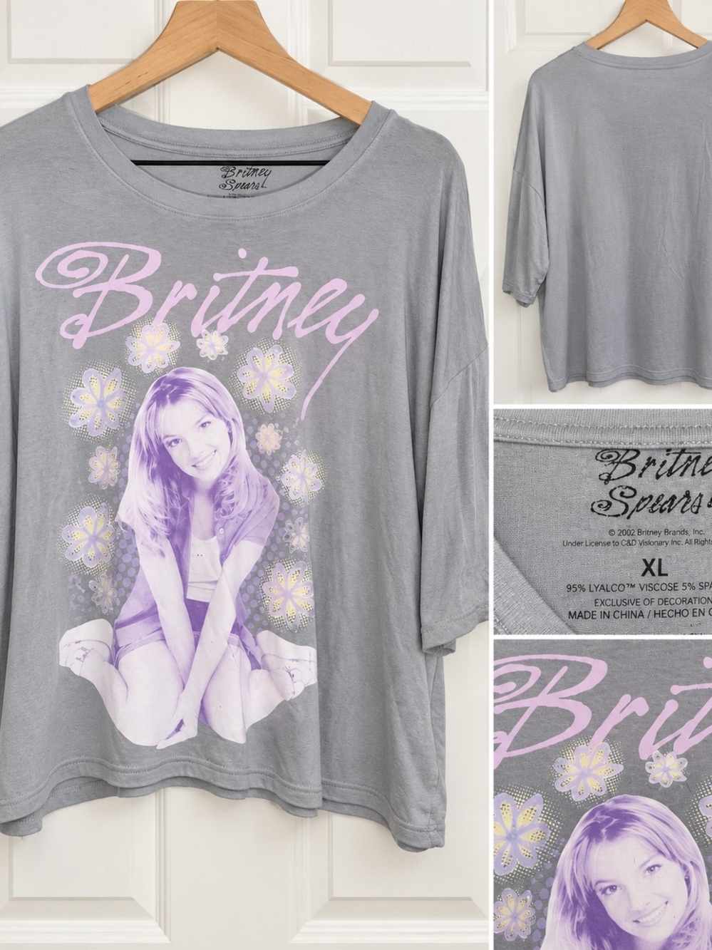 Britney Spears Y2K Graphic Oversized Tee Gray Purple Floral XL